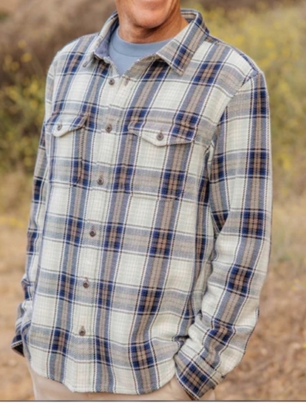 Outerknown XXXL Blanket Shirt 100% cotton brown blue cream plaid pockets NWT